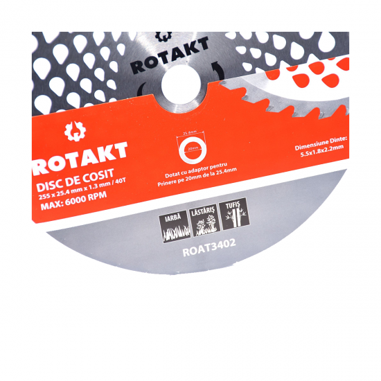 Disc motocoasa, 255x25.4x1.3x40T mm, 40 dinti vidia, Rotakt RODT40251A