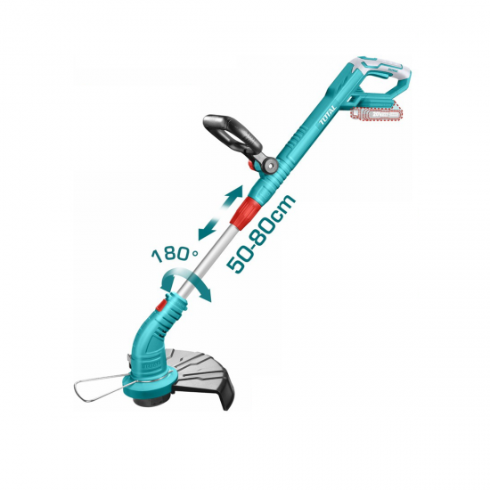 Trimmer electric, cu acumulator Li-Ion, 20V, Total, tija reglabila 50-80 cm, diametru taiere 300 mm, 8200 rpm, nu include acumulator si incarcator Trimmer electric, cu acumulator Li-Ion, 20V, Total, tija reglabila 50-80 cm, diametru taiere 300 mm, 8200 rpm, nu include acumulator si incarcator