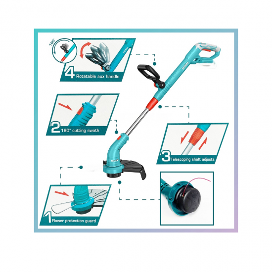 Trimmer electric, cu acumulator Li-Ion, 20V, Total, tija reglabila 50-80 cm, diametru taiere 300 mm, 8200 rpm, nu include acumulator si incarcator Trimmer electric, cu acumulator Li-Ion, 20V, Total, tija reglabila 50-80 cm, diametru taiere 300 mm, 8200 rpm, nu include acumulator si incarcator