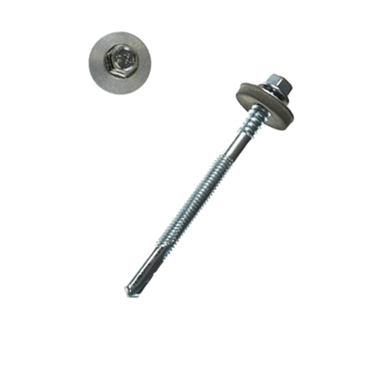 Surub autoforant pentru fixare panouri sandwich, zincat cu saiba din cauciuc EPDM Ø 16 mm, 5.5 / 6.3x82 mm Surub autoforant pentru fixare panouri sandwich, zincat cu saiba din cauciuc EPDM Ø 16 mm, 5.5 / 6.3x82 mm