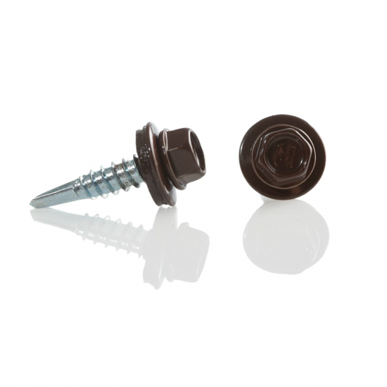 Surub autoforant cu cap hexagonal si saiba EPDM 4.8x35 mm pentru tabla prindere pe suport lemn RAL 8017 - Maro Surub autoforant cu cap hexagonal si saiba EPDM 4.8x35 mm pentru tabla prindere pe suport lemn RAL 8017 - Maro