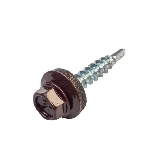 Surub autoforant cu cap hexagonal si saiba EPDM 4.8x35 mm pentru tabla prindere pe suport lemn RAL 8017 - Maro Surub autoforant cu cap hexagonal si saiba EPDM 4.8x35 mm pentru tabla prindere pe suport lemn RAL 8017 - Maro
